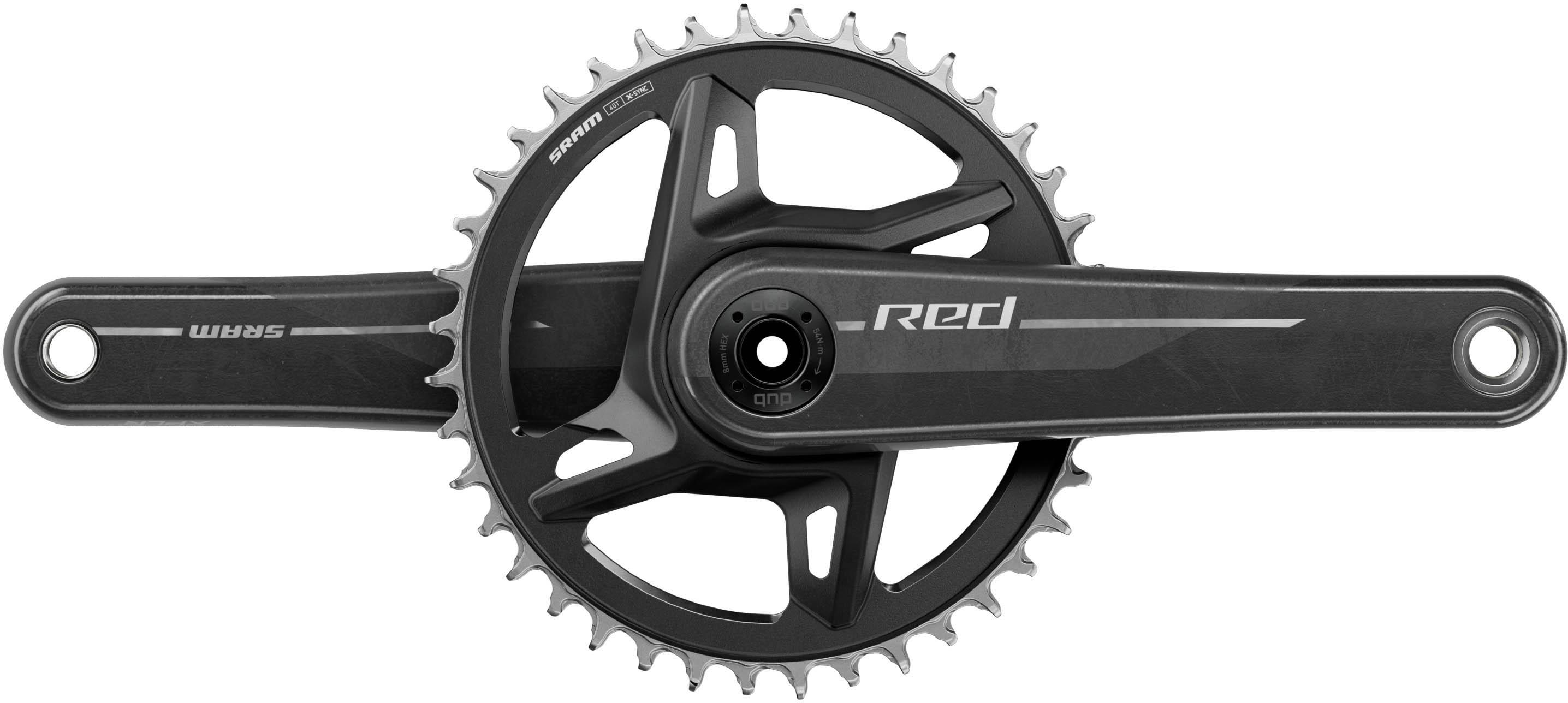 Black SRAM Red XPLR DUB Wide Crankset 40T, 172.5mm, with sleek arms and single chainring design.