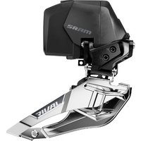 Black and silver SRAM Rival AXS E1 braze-on front derailleur, sleek design, no battery included.