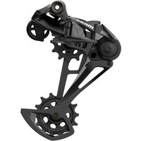 Black SRAM SX Eagle 12-speed rear derailleur with large jockey wheels and sleek, angular design.