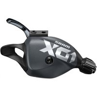 Black SRAM X01 Eagle trigger shifter with single click lever, silver logo, and textured grip knob.
