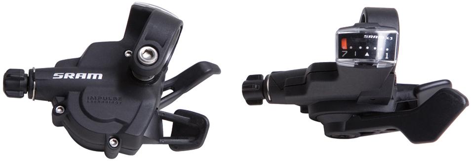 Black SRAM X3 3x7 speed shifter set with visible gear indicators and ergonomic levers.
