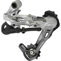Silver and black SRAM X5 8-9 speed rear derailleur with two pulley wheels and visible tension spring.