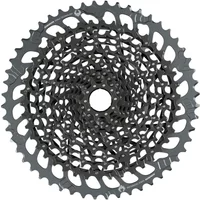 Black SRAM XG-1275 Eagle 12-speed cassette with intricate gear pattern, 10-52T range.