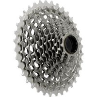 Silver SRAM XG-1290 E1 12-speed cassette with intricate gear teeth pattern and black central hub.