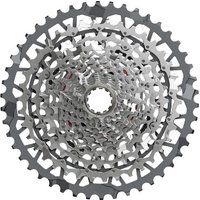Silver SRAM XG-1351 XPLR E1 13-speed cassette with intricate gear pattern and open center design.
