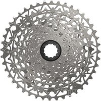 SRAM XPLR PG-1231 12-speed cassette, silver with 11-44T range, intricate gear design, and black central hub.