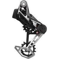 Black and silver SRAM XX T-Type Eagle AXS 12-speed rear derailleur with angular design and integrated pulley wheels.