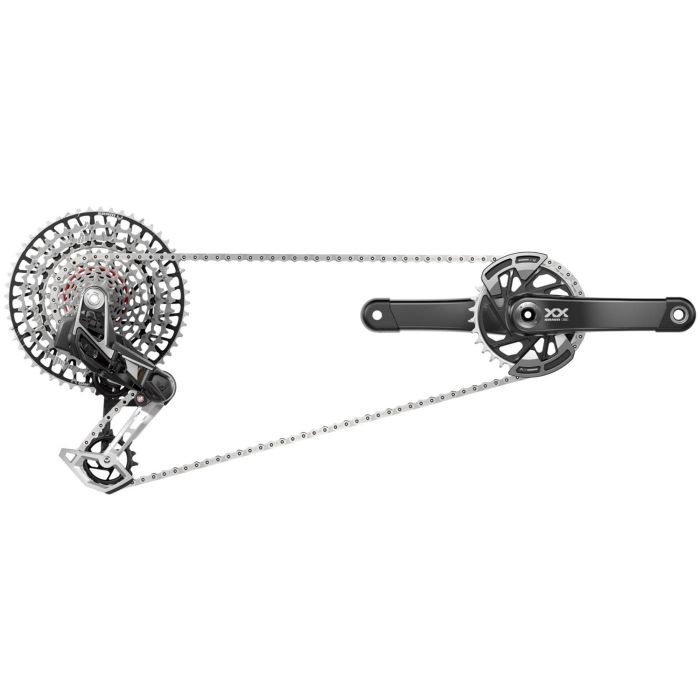 SRAM XX T-Type Eagle Transmission AXS Groupset features a sleek black crankset with 170mm arms, a silver cassette, and a rear derailleur, designed for high-performance cycling.