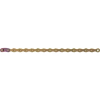 Gold SRAM XX1 Eagle 12-speed bike chain with rainbow-colored master link.