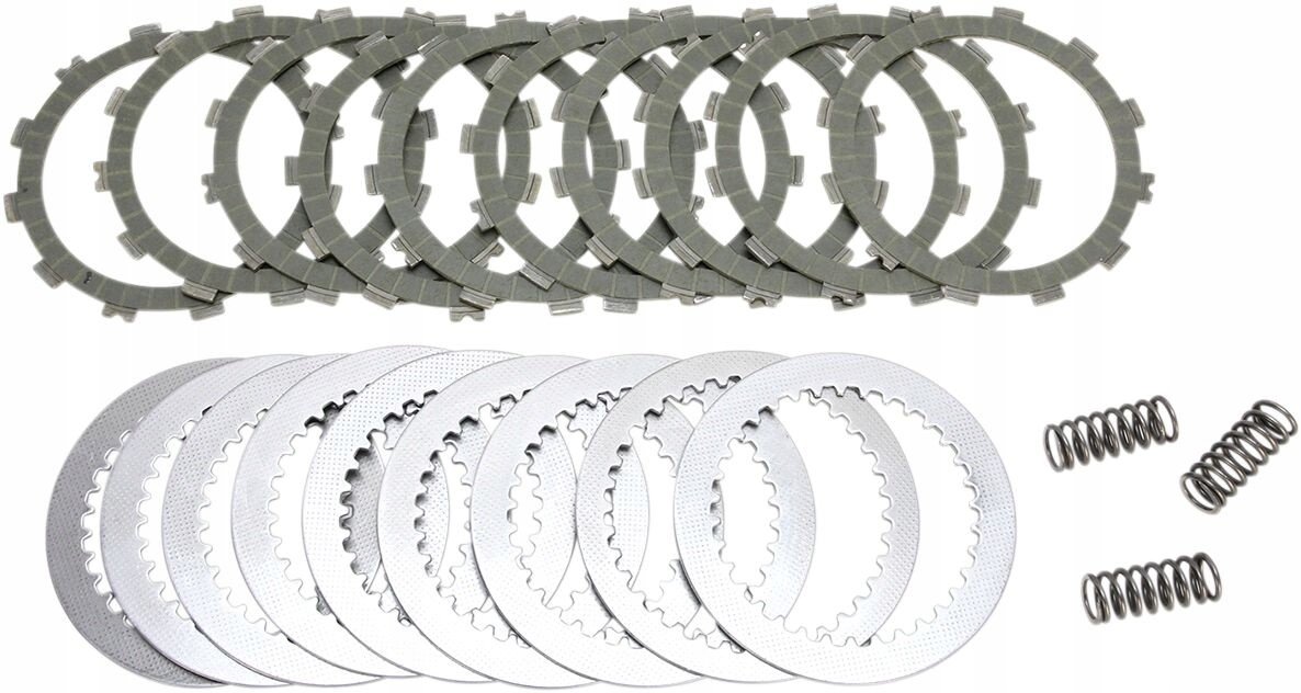 Set of EBC clutch plates and springs for Yamaha MT-10 and YZF-R1, featuring metallic grey friction plates and silver steel discs, designed for high-performance motorcycle applications.