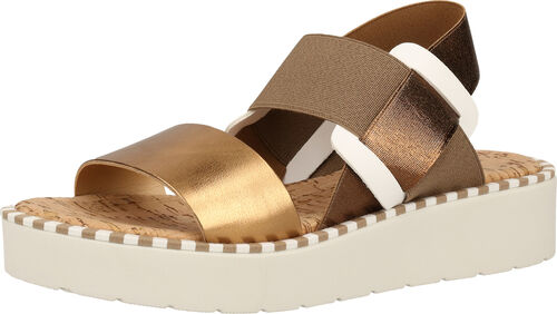 Gold and brown multi-strap sandals with a white sole, featuring a textured footbed and a modern design suitable for casual wear.