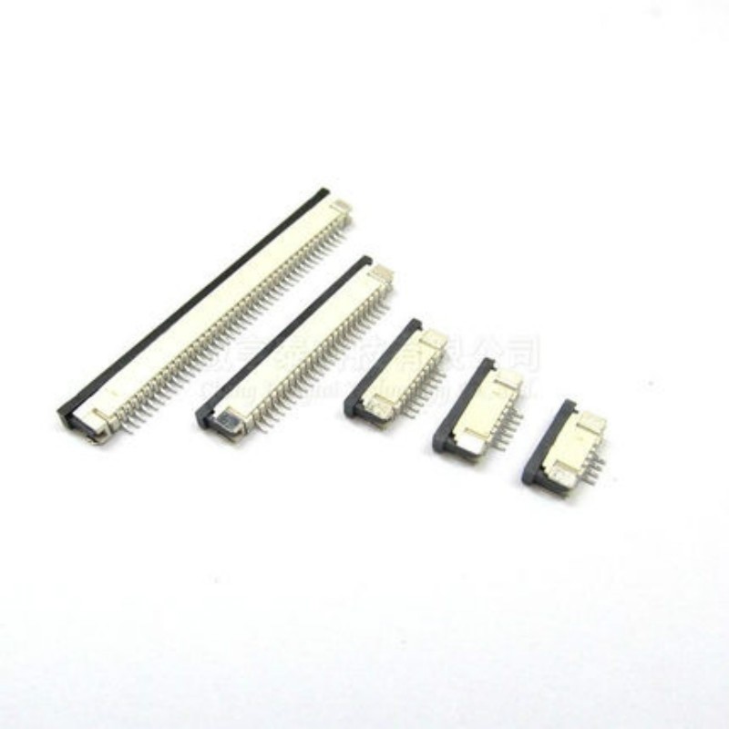 Ten FFC FPC connectors in various lengths, featuring a right-angle design with gold-plated contacts, black plastic housing, and 1.0mm pitch for SMD/SMT applications.