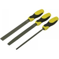 Three-piece Stanley handled rasp set with yellow and black ergonomic grips and metal rasp blades in varying shapes.