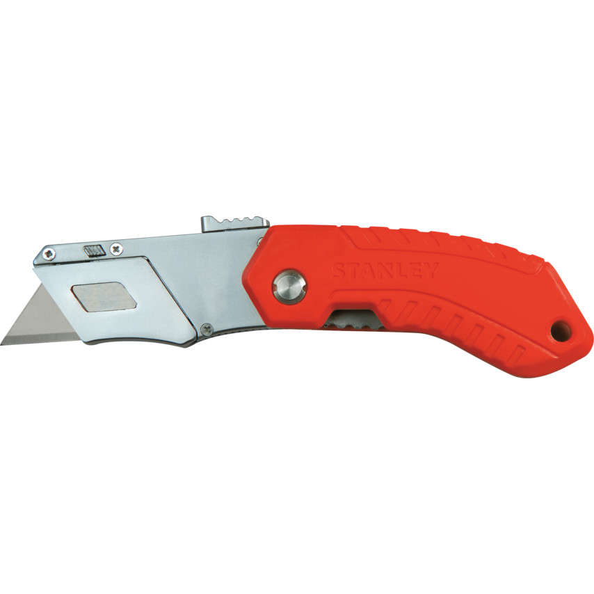 Folding pocket safety knife with a bright red rubber grip handle and a stainless steel blade, featuring a retractable design and a built-in blade storage compartment.