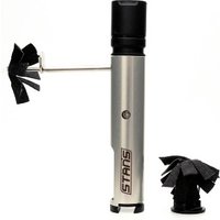Stans Incredible Dart Tool, silver cylindrical body, black cap, with black dart attachment and additional dart piece.