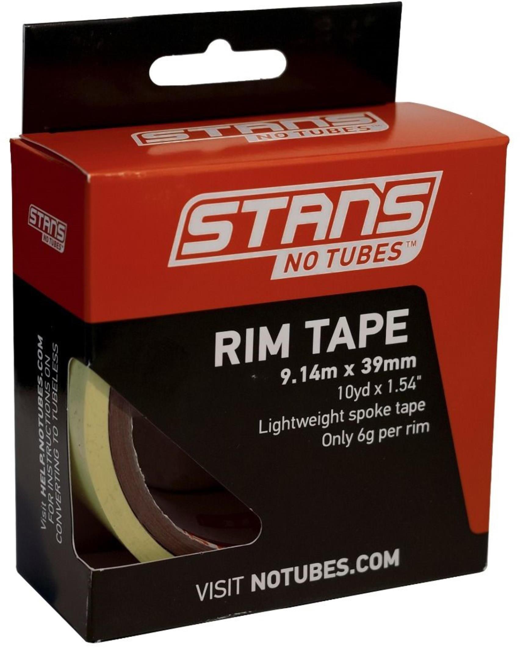 Red and black box of Stans NoTubes 10 Yard Rim Tape, 39mm wide, with lightweight spoke tape text.