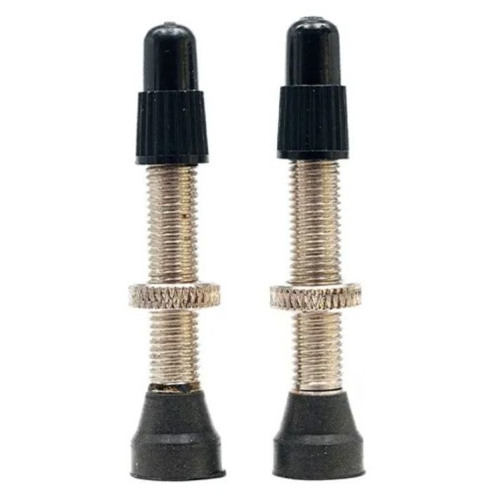 Silver 44mm tubeless valve stems with black rubber caps and threaded bodies, designed for easy installation on bicycle rims.