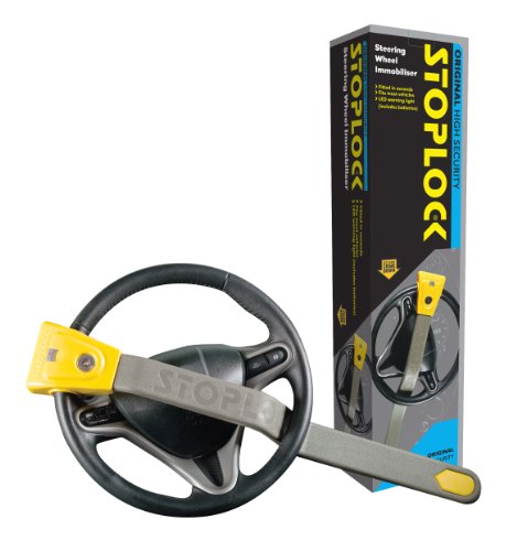 Yellow and grey STOPLOCK Steering Wheel Lock with a padded grip, designed for high security, displayed alongside its packaging featuring the brand name and product details.