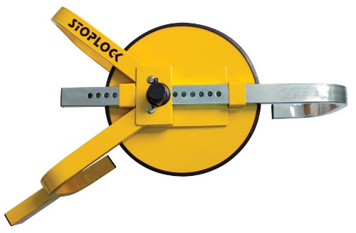 Yellow metal wheel clamp with a circular design and adjustable metal arms, featuring a central locking mechanism and "STOPLOCK" branding for anti-theft protection.