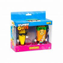 Two 11cm collectible figures from Stumble Guys: a yellow Banana Guy wearing sunglasses and a colorful Cereal Killer figure with a green hat, packaged in a clear box.