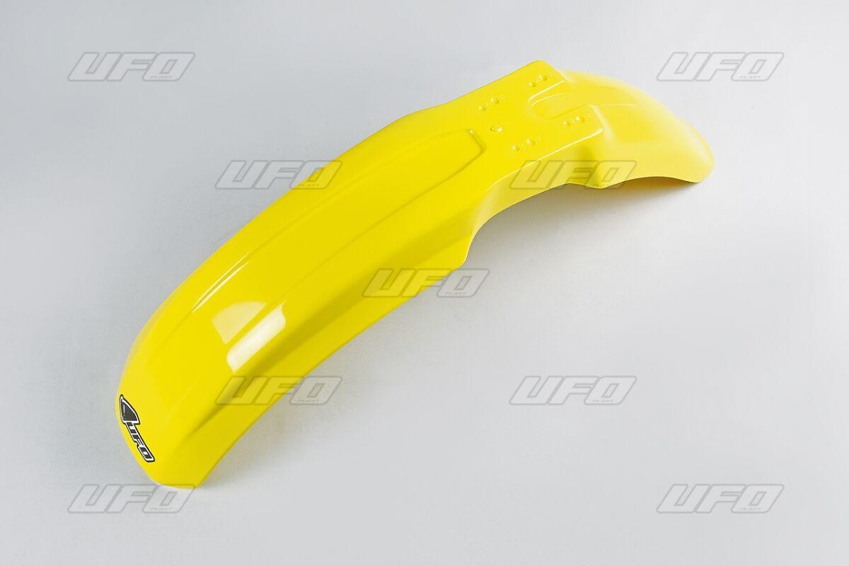 Yellow front fender for Suzuki RM 125/250 (1989-90) by UFO, featuring a smooth, glossy finish and a prominent logo on the side.