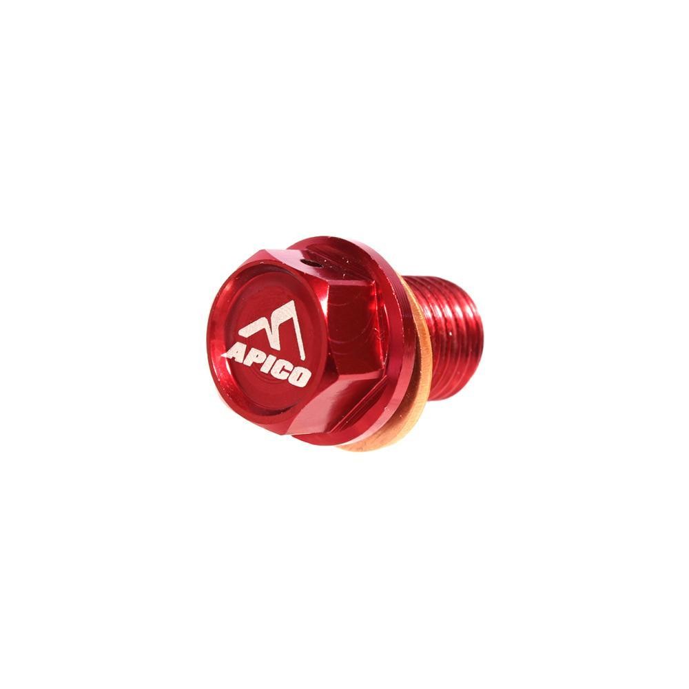 Red aluminum magnetic sump drain bolt with a hexagonal head, engraved "APICO" logo, and a gold washer, designed for various Honda and Yamaha motorcycle models.