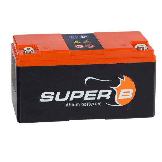 12V 15AH lithium-ion battery in a black casing with an orange top, featuring a logo that reads "SUPER B" and various indicator symbols on the surface.