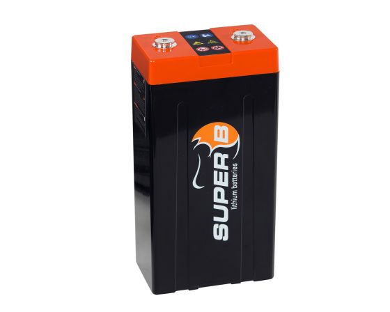Black lithium-ion battery with an orange top, featuring the Super B logo, two metal terminals, and a compact rectangular design, labeled as 12V 20AH.