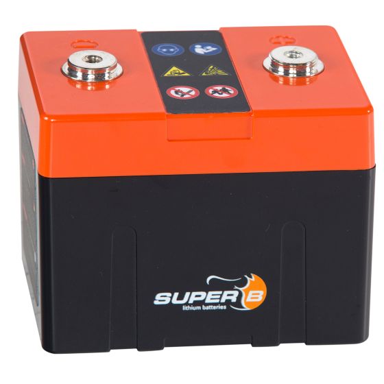 Bright orange and black lithium-ion battery with a capacity of 12V7.5AH, featuring metal terminals on top and safety warning labels.