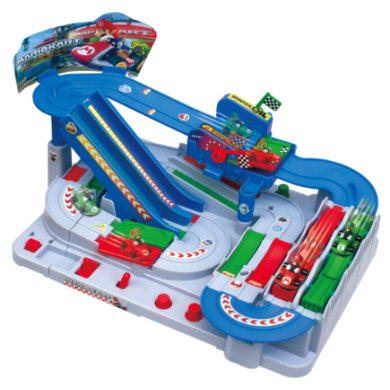 Colorful plastic racing playset featuring a winding track, ramps, and two toy karts in red and green, complete with checkered flags and Mario-themed graphics.