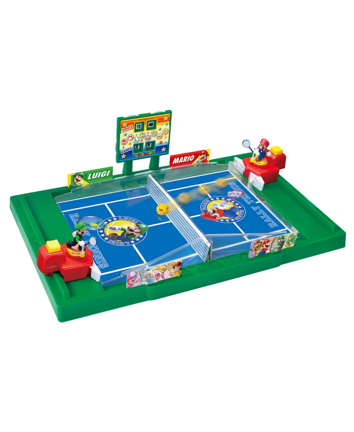 Bright green tabletop tennis game featuring Mario and Luigi figures, a net, and a scoreboard with colorful graphics, designed for interactive play.