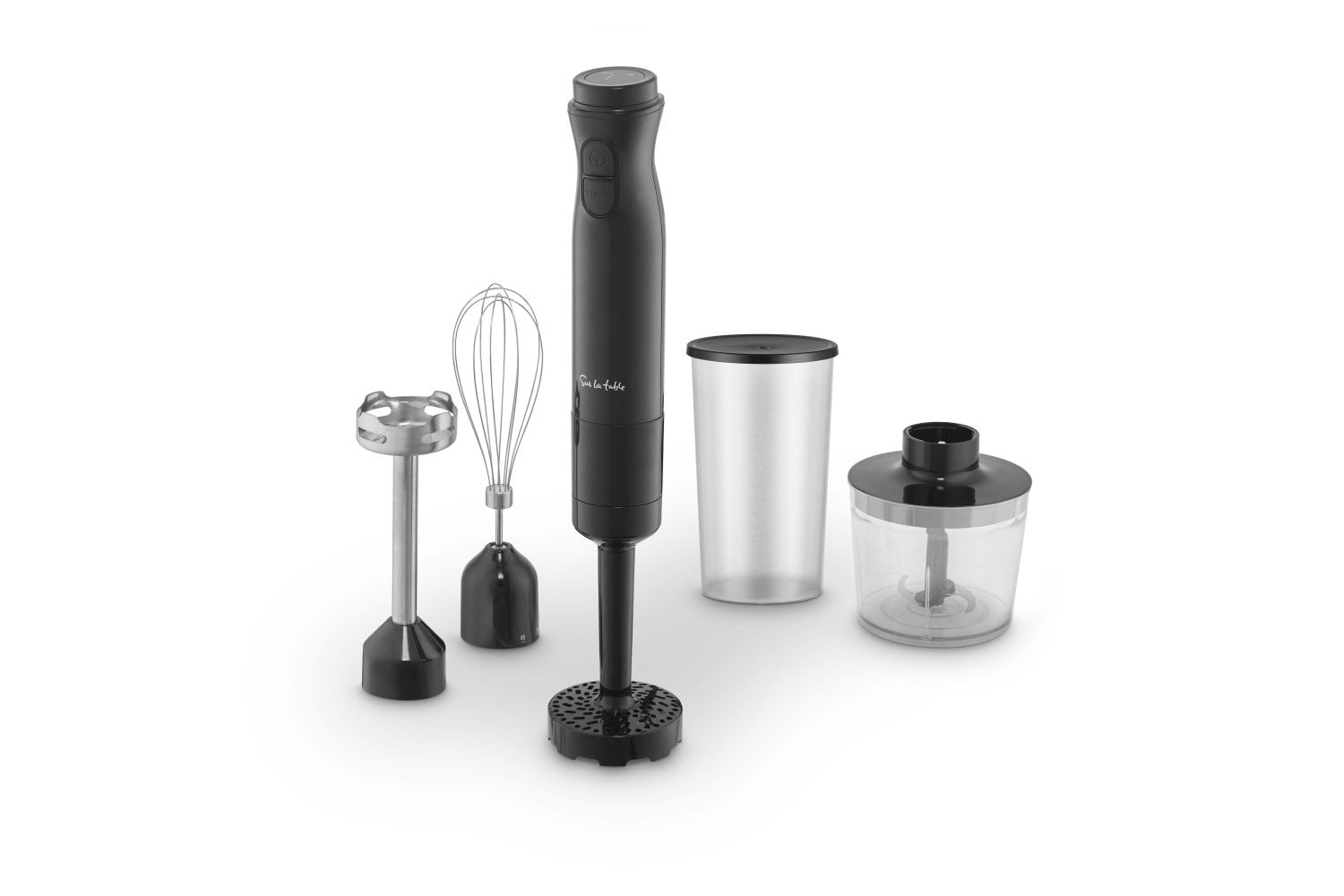 Black Sur La Table Core 5 in 1 Hand Blender with a sleek design, includes a whisk, chopper, blending cup, and various attachments for versatile food preparation.