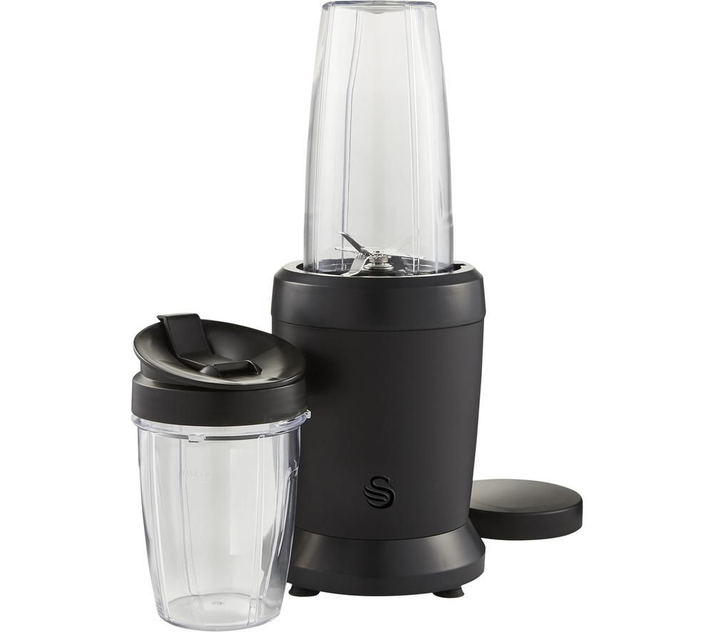 Swan Stealth Personal Blender in matte black with a transparent blending cup, featuring a stainless steel blade and a secure lid for on-the-go convenience.