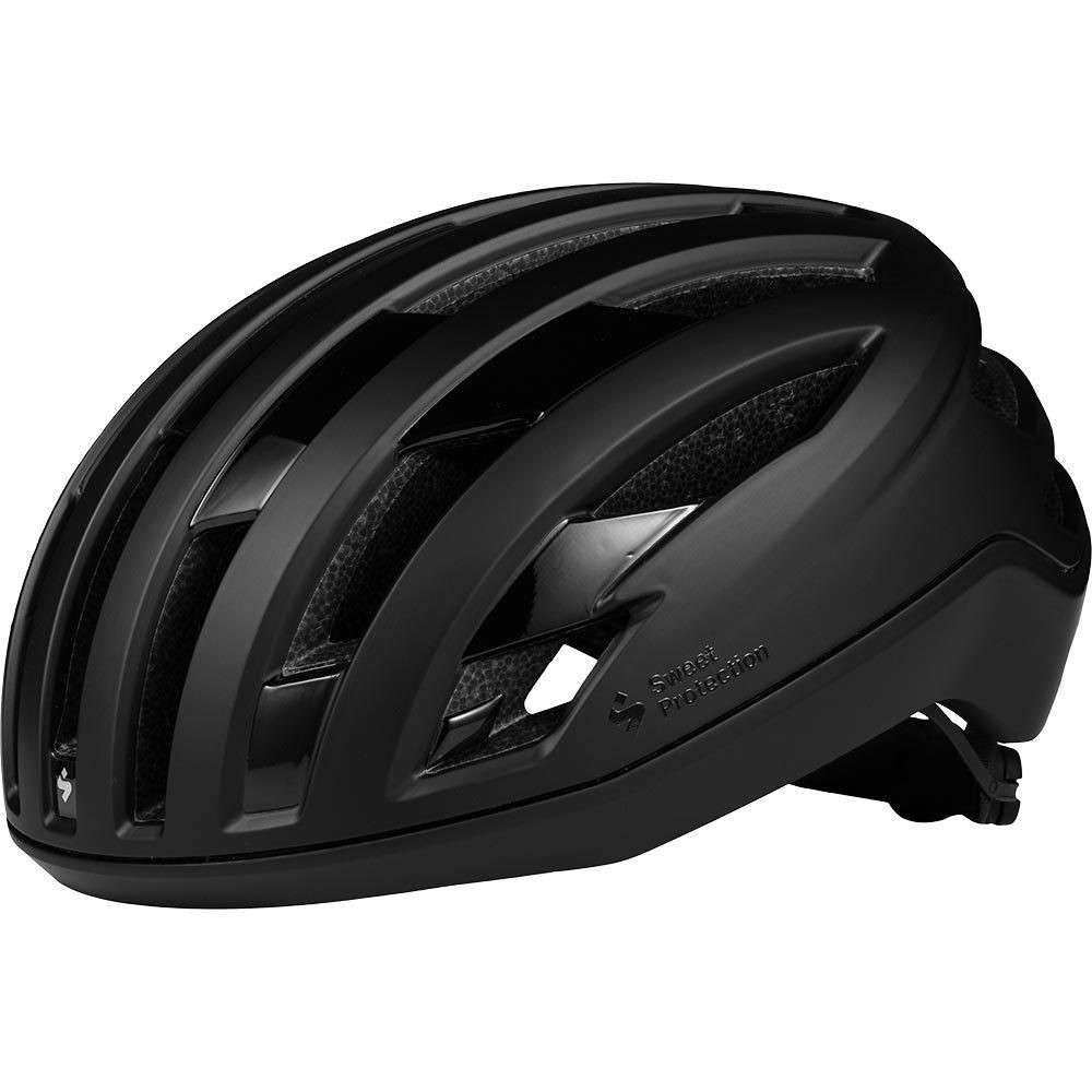 Matte black Sweet Protection Fluxer MIPS helmet in size S/M, featuring a sleek design, ventilation slots, and a secure adjustable fit system for enhanced safety and comfort.