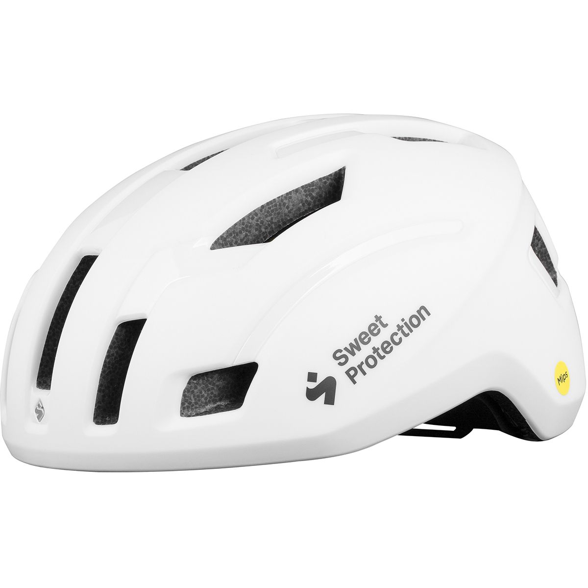 Matte white cycling helmet with ventilation slots, MIPS technology for safety, adjustable fit for head sizes 53-61cm, and Sweet Protection branding on the side.