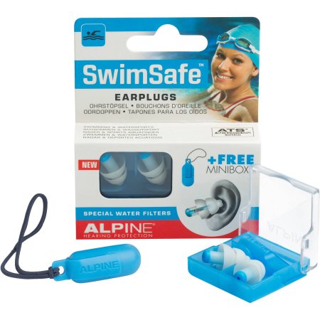 Blue silicone earplugs with a storage case, featuring a swimmer on the packaging, labeled "SwimSafe" by Alpine Hearing Protection, designed for water filtration and hearing safety.