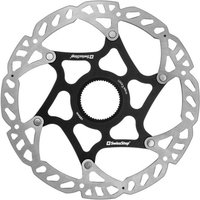 Swissstop Catalyst Centrelock Disc Brake Rotor, 203mm, silver and black with cut-out design and branded logo.