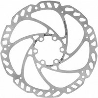 Silver Swissstop Catalyst One 160mm disc brake rotor with 6 bolt holes and spiral cutouts.