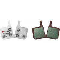Silver SwissStop Disc 33 Endurance brake pads with green friction surface and dual attachment points.