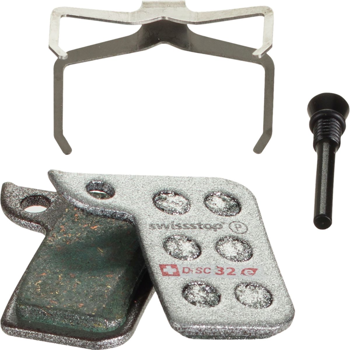 Swissstop Endurance disc brake pads in grey with green backing, featuring a metal clip and screw, designed for SRAM HRD/Red/Force/Rival/Apex/Level systems.
