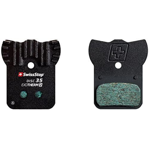 SwissStop EXOTherm2 Disc Brake Pad Set features a black metal backing with a textured surface, green friction material, and a distinctive Swiss cross logo, designed for SRAM Avid brakes.