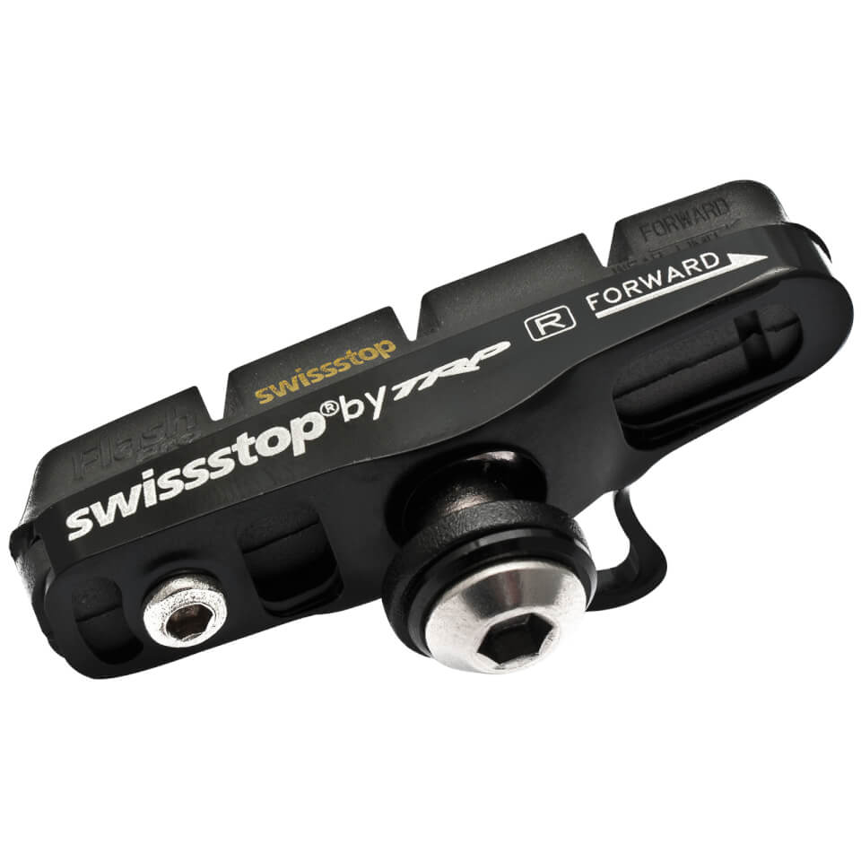 Black Swissstop Flash Pro brake pad designed for carbon rims, featuring a sleek design with "swissstop" branding and a prominent bolt for secure attachment.