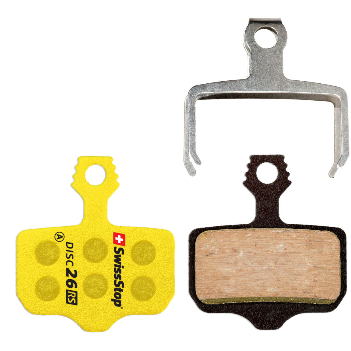Yellow Swissstop Disc RS brake pads with a metal backing, featuring a textured surface and four circular grip points, alongside a silver metal brake pad holder.