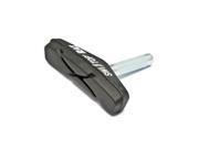 Black rubber V-brake pad with a silver metal carrier, designed for aluminum rims, featuring a textured surface and engraved branding for enhanced grip and performance.