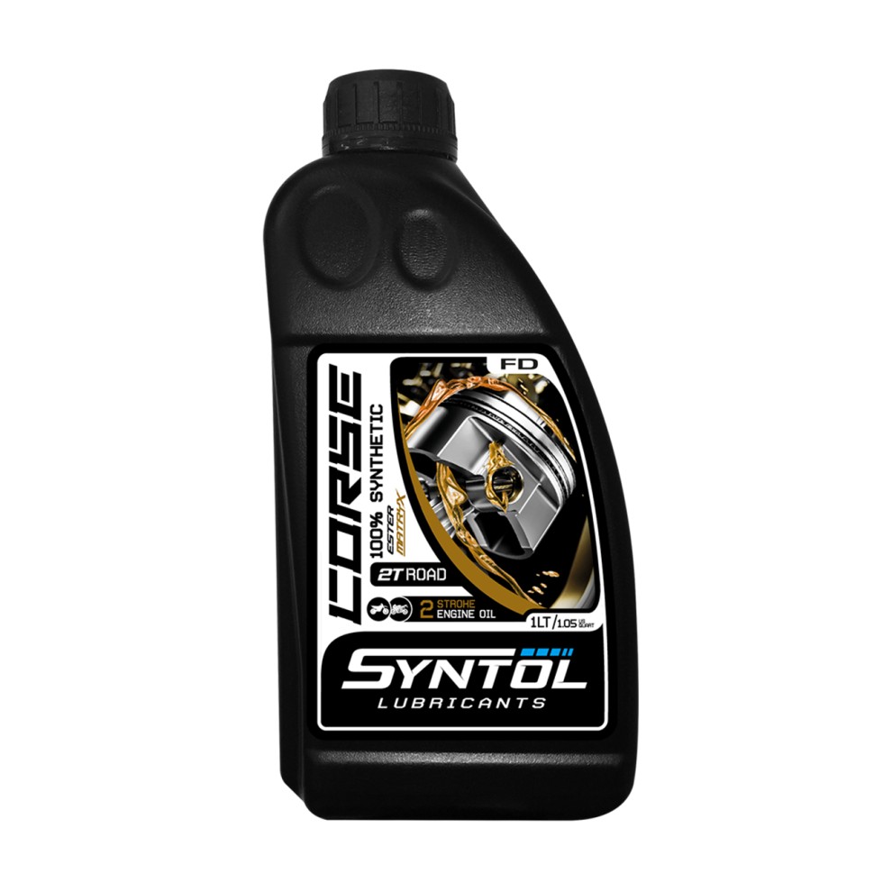 Black plastic bottle of Syntol Fully Synthetic 2-Stroke 2T Motorcycle Engine Oil, featuring a gold and silver label with bold text, and a capacity of 1 liter.