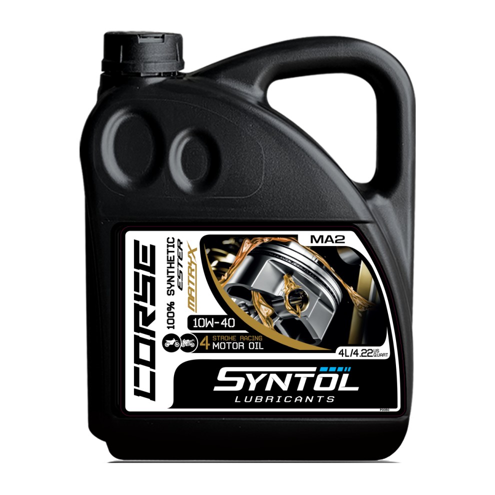 Black plastic container of Syntol Corse 4T 10W-40 synthetic motorcycle engine oil, featuring a sleek design, gold accents, and a label highlighting its 4L capacity and racing suitability.