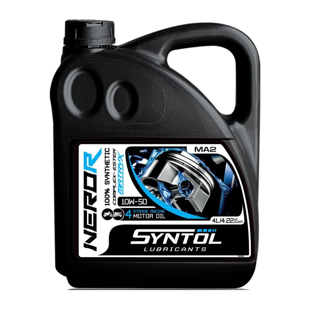 Black plastic container of Syntol Nero-R 4T 10W-50 synthetic racing motorcycle engine oil, featuring a blue and white label with a motorcycle graphic and capacity of 4 liters.