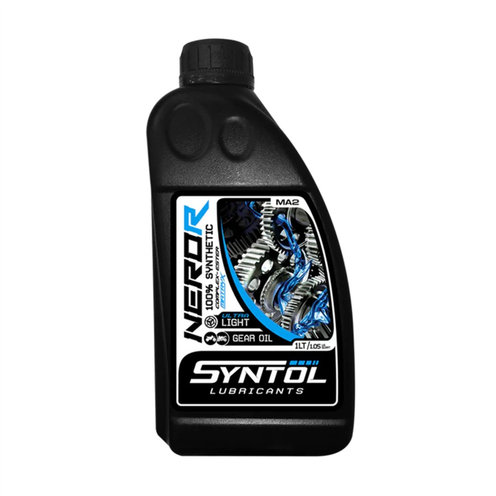 Black plastic bottle of Syntol Nero-R Ultralight Motorcycle Gear Oil, 1L, featuring a blue and white label with gear graphics and API ratings SG/SH/SJ/SL/SM, MA2/MA.