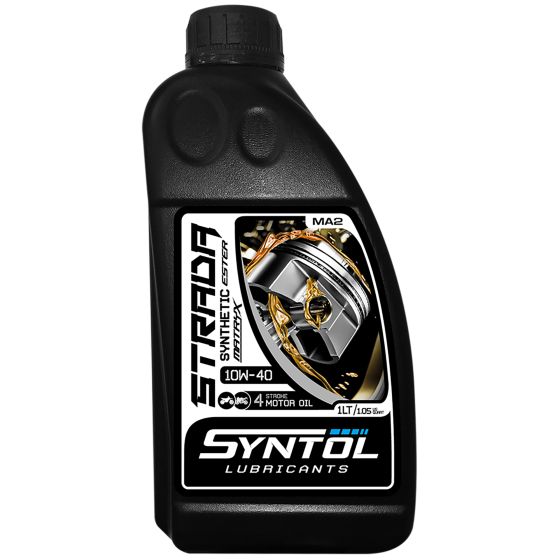 Black plastic bottle of Syntol 10W40 motorcycle engine oil, featuring a sleek design, gold and silver accents, and clear labeling indicating it's fully synthetic and JASO MA/MA2 compliant.