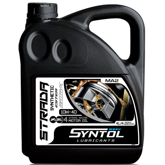 Black plastic container of Syntol 10W40 motorcycle engine oil, fully synthetic, 4-stroke, JASO MA/MA2, with a gold and silver design on the label, holding 4 liters.